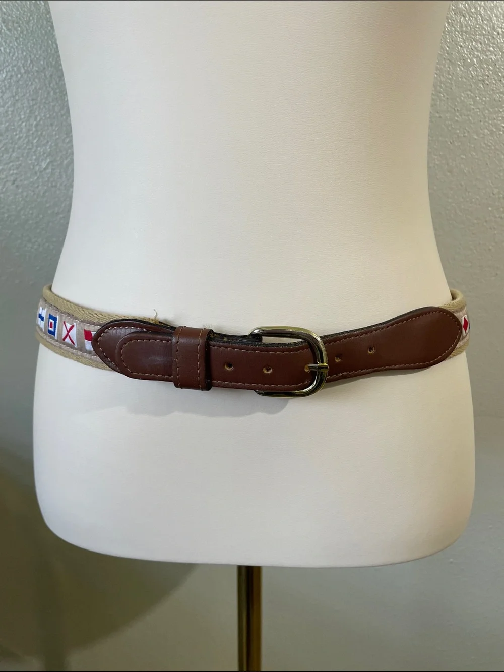 Nautical Ribbon Canvas Leather Belt Multicolor Flags Brass Buckle Sz 38 USA Made
